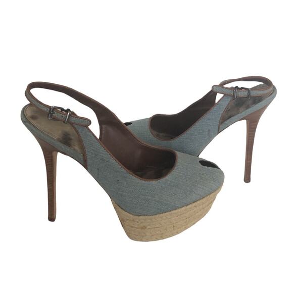Sam Edelman Denim Chambray Canvas Novato Platform Peep Toe Stiletto Heels, Sz 8 - Picture 6 of 6
